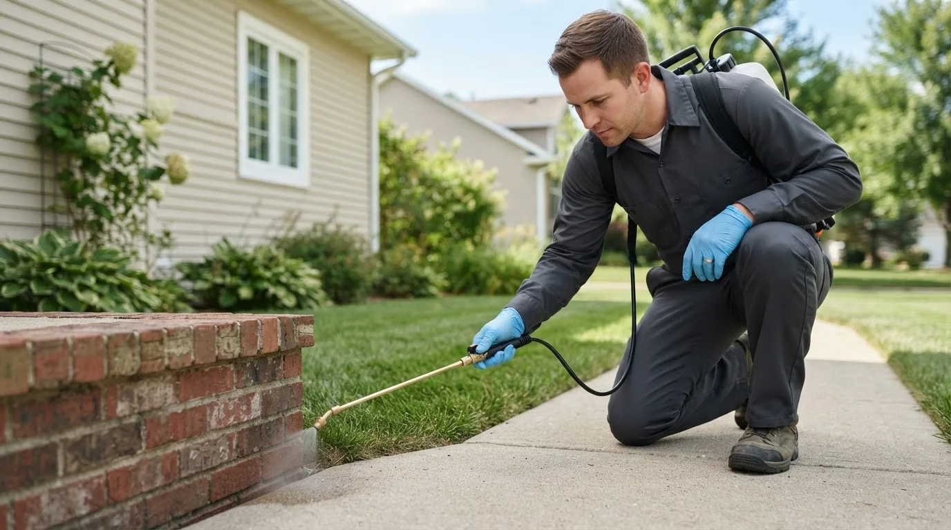 Pest control technician treating a home near Flandreau, SD